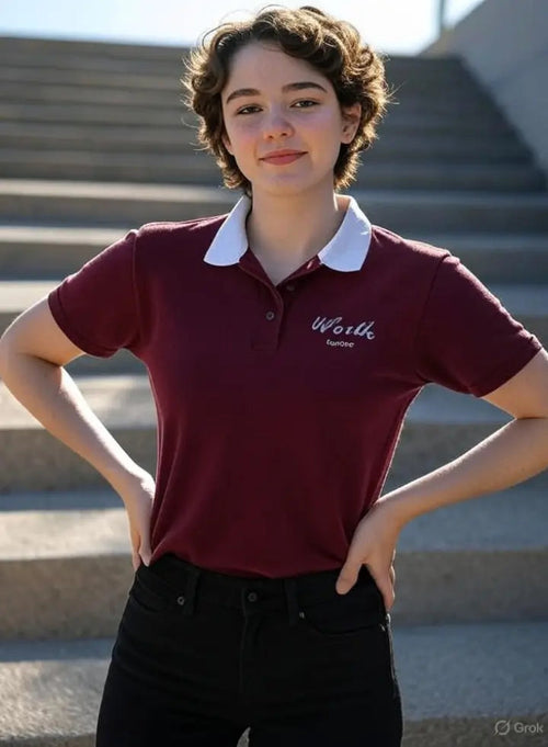 Women Dark Maroon Polo T- Shirt with White Collar Adistar Sialkot Pakistan