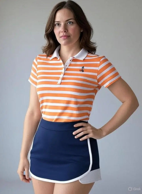 Women Orange and White Striped Polo T- Shirt with White Collar Adistar Sialkot Pakistan
