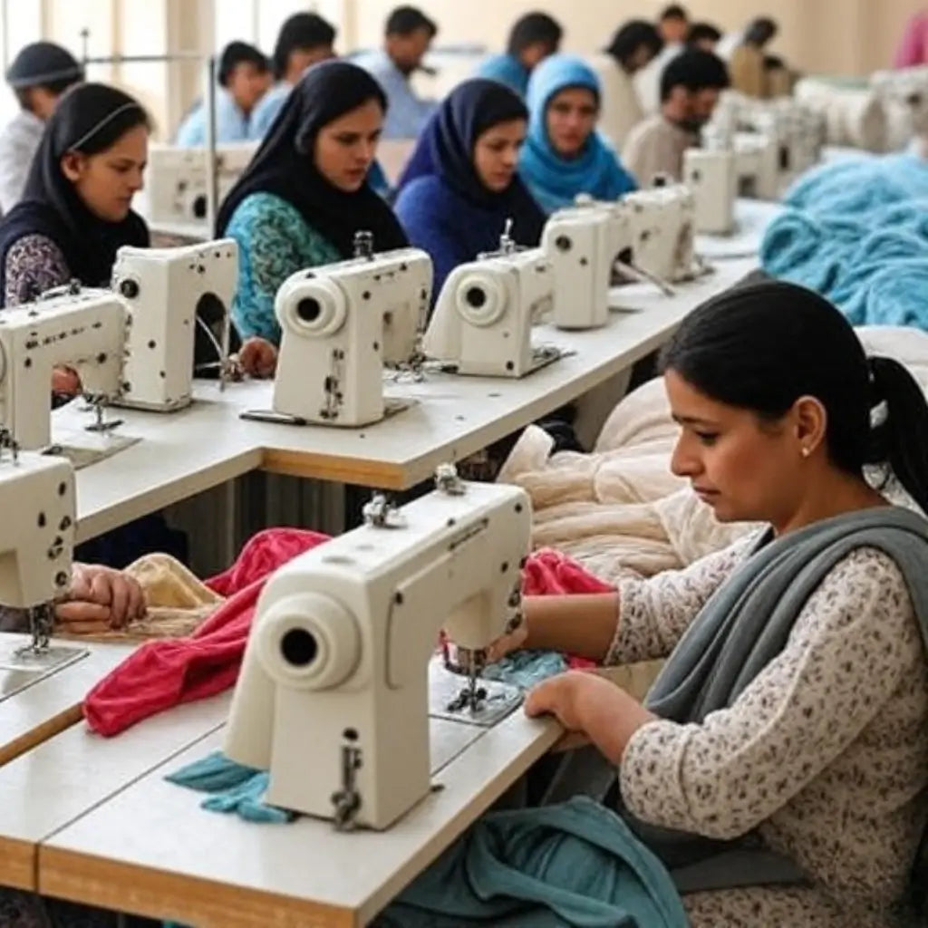 Seamstress working on a sewing machine in a busy sewing workshop.