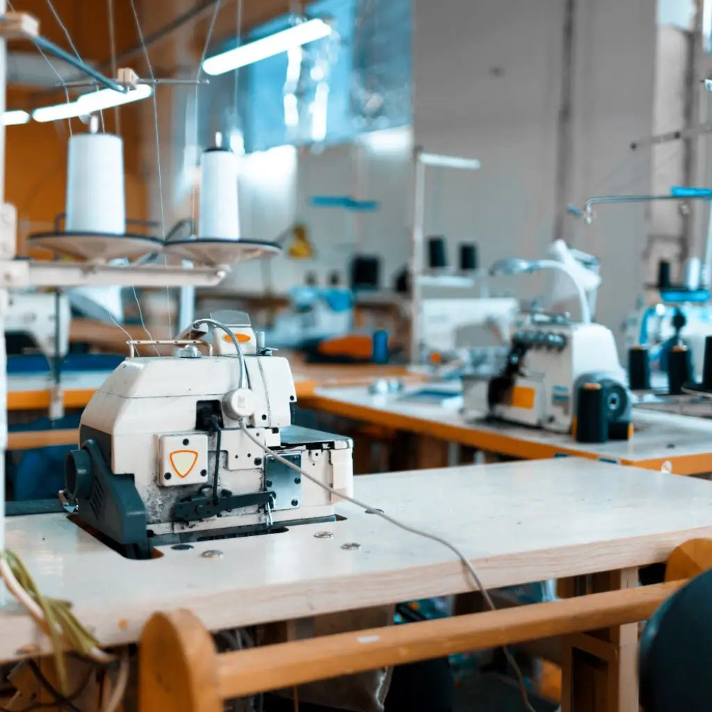 Sewing machine on a table in a workshop setting with other machines and equipment in the background.